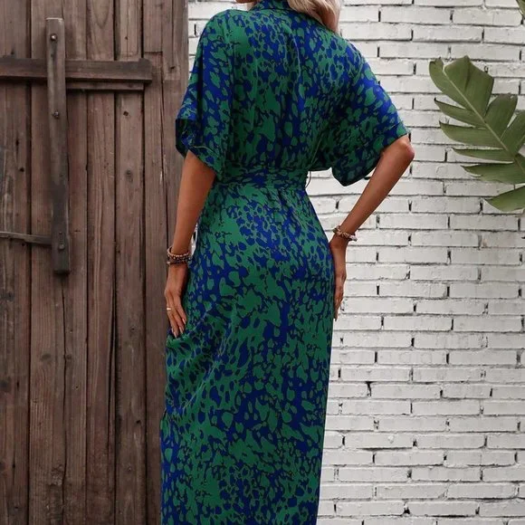 Multicolor Boho Womens Allover Print Batwing Sleeve Belted Shirt Dress - Picture 2 of 5